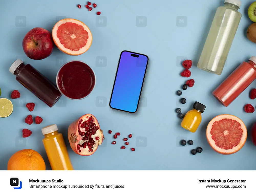 Smartphone mockup surrounded by fruits and juices