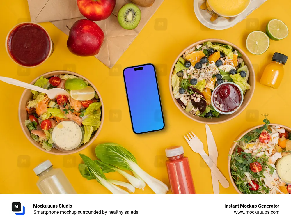 Smartphone mockup surrounded by healthy salads