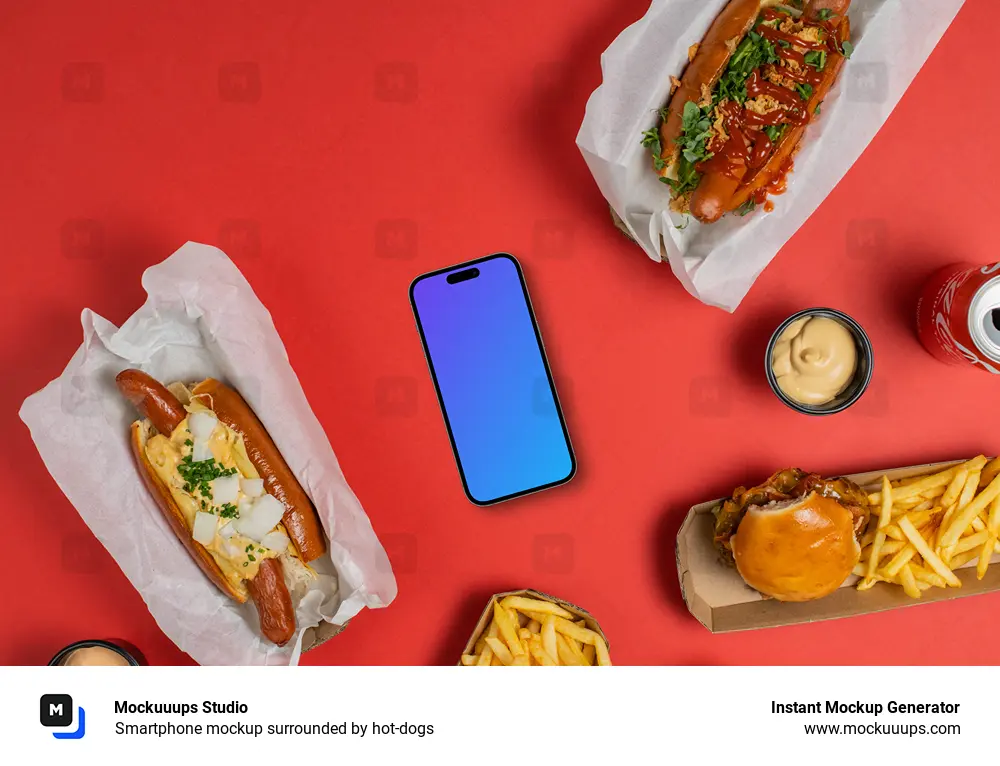 Smartphone mockup surrounded by hot-dogs
