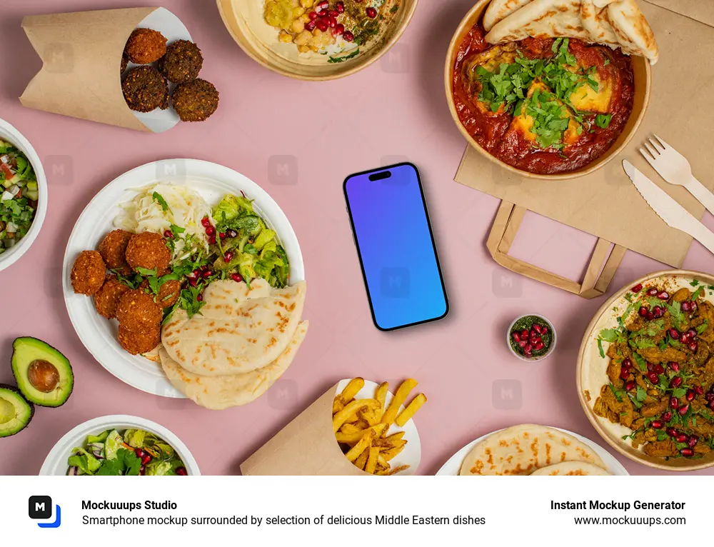 Smartphone mockup surrounded by selection of delicious Middle Eastern dishes