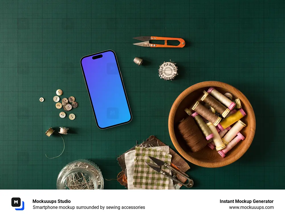 Smartphone mockup surrounded by sewing accessories