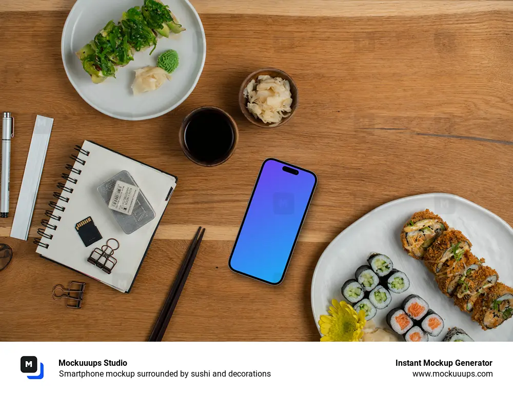Smartphone mockup surrounded by sushi and decorations