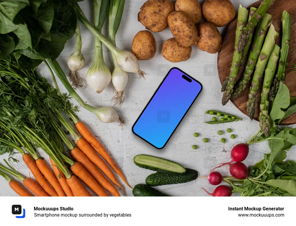 Smartphone mockup surrounded by vegetables