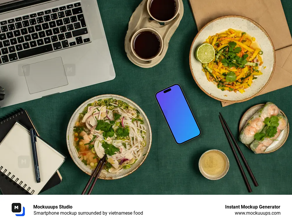 Smartphone mockup surrounded by vietnamese food