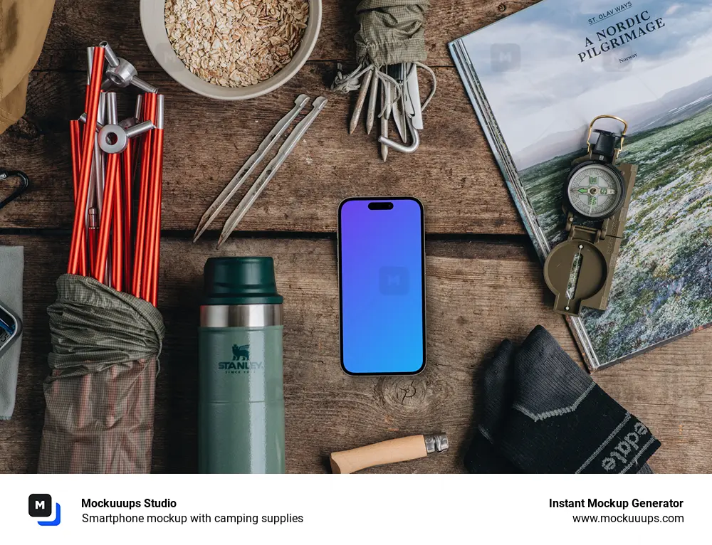 Smartphone mockup with camping supplies