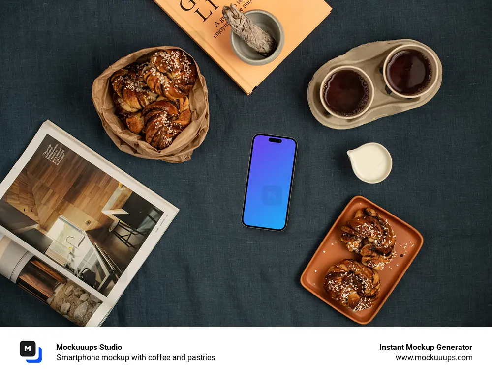 Smartphone mockup with coffee and pastries