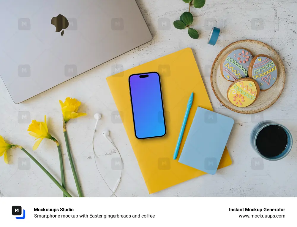 Smartphone mockup with Easter gingerbreads and coffee
