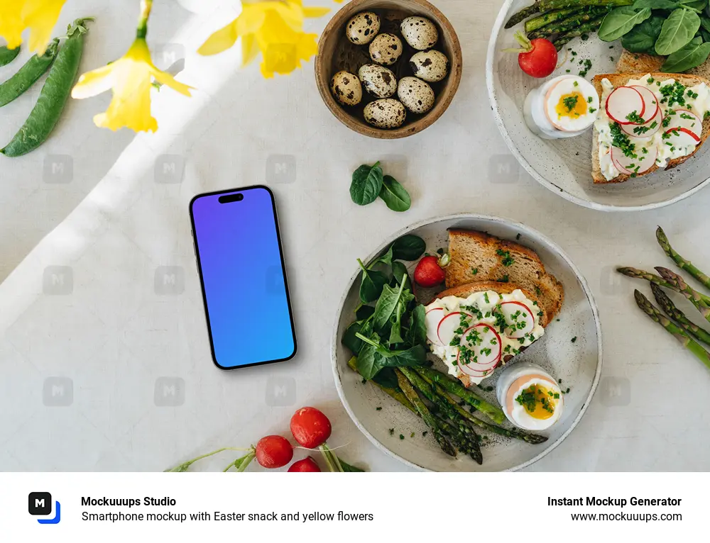 Smartphone mockup with Easter snack and yellow flowers