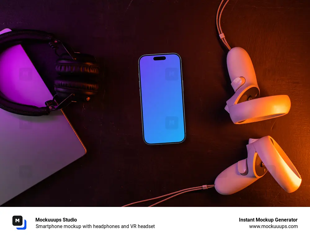 Smartphone mockup with headphones and VR headset