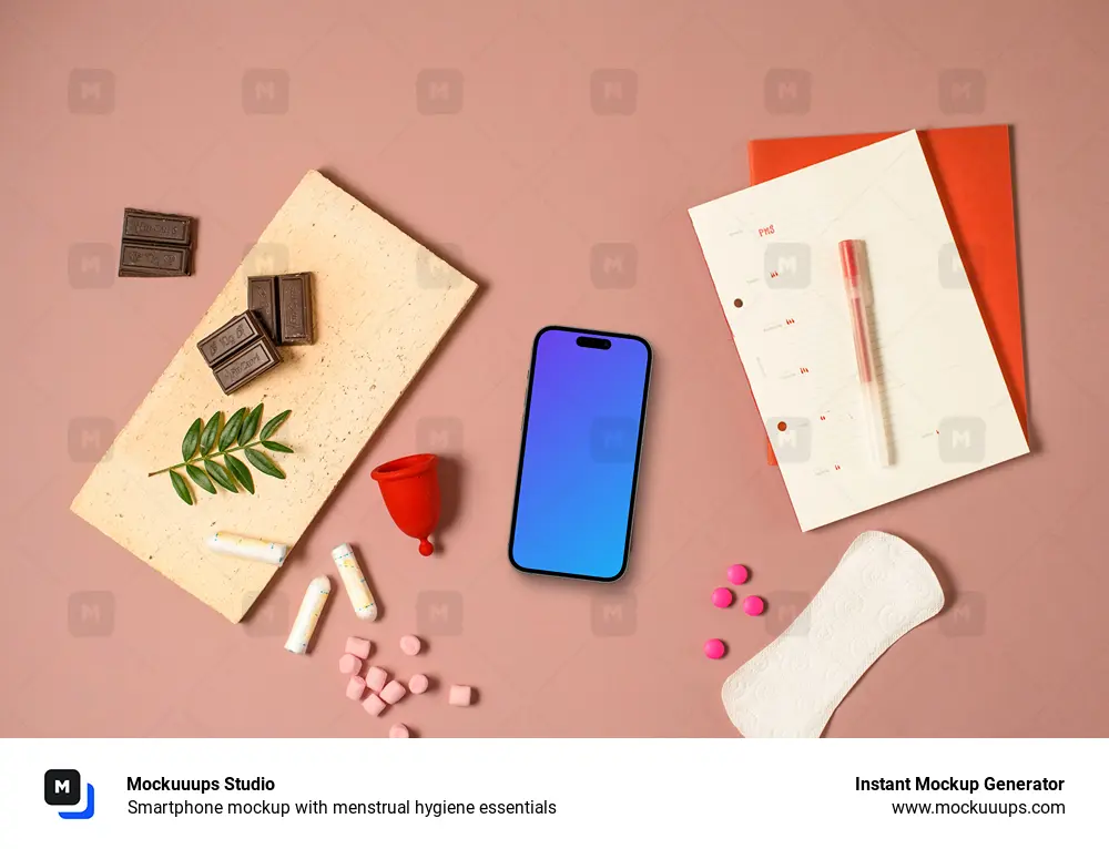 Smartphone mockup with menstrual hygiene essentials