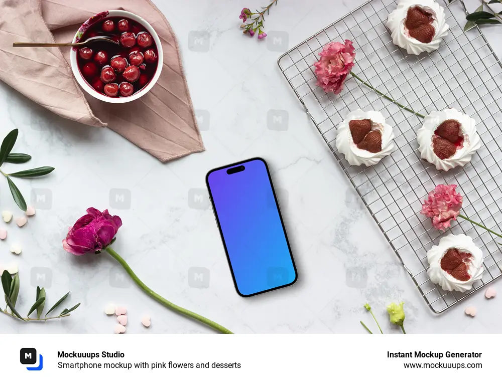 Smartphone mockup with pink flowers and desserts