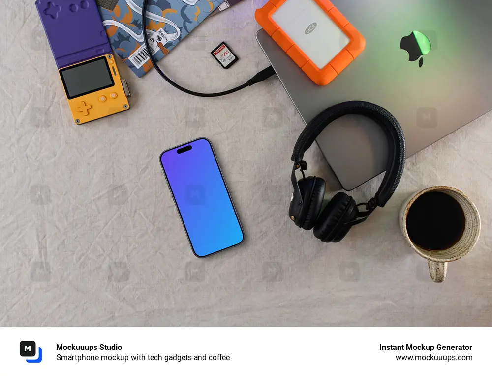 Smartphone mockup with tech gadgets and coffee