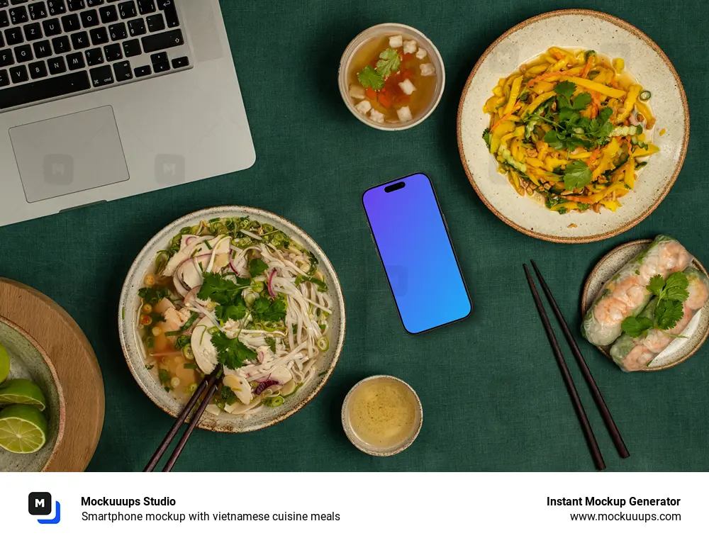 Smartphone mockup with vietnamese cuisine meals