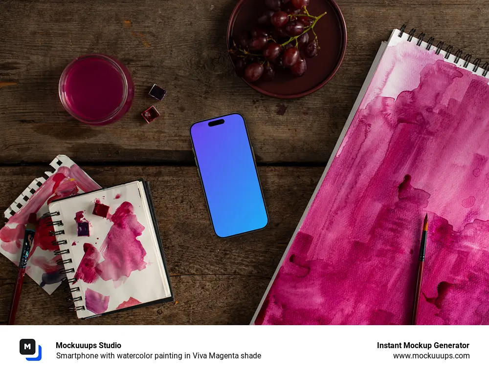 Smartphone with watercolor painting in Viva Magenta shade