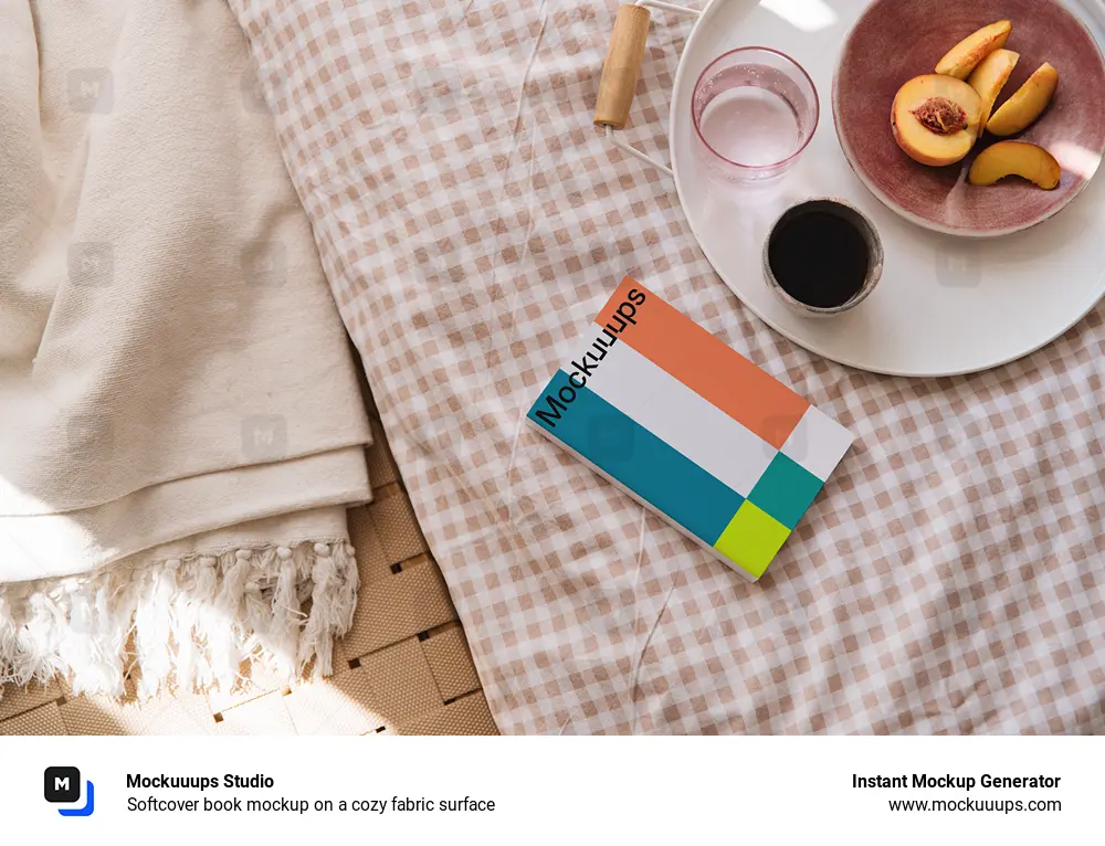 Softcover book mockup on a cozy fabric surface