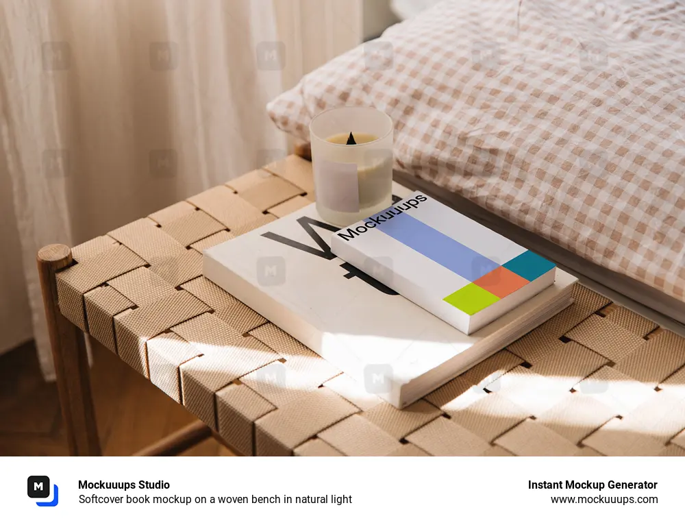 Softcover book mockup on a woven bench in natural light