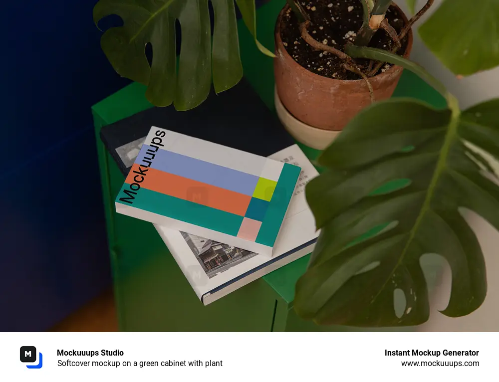 Softcover mockup on a green cabinet with plant