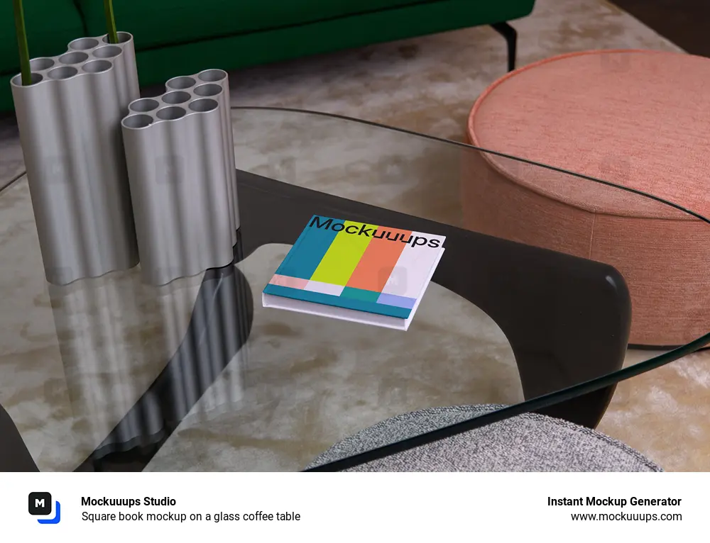 Square book mockup on a glass coffee table
