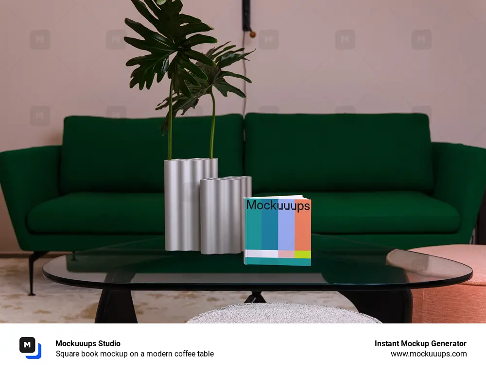 Square book mockup on a modern coffee table