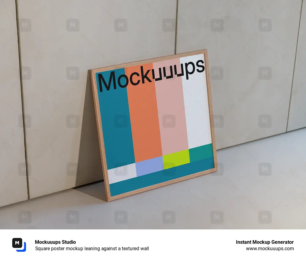 Square poster mockup leaning against a textured wall