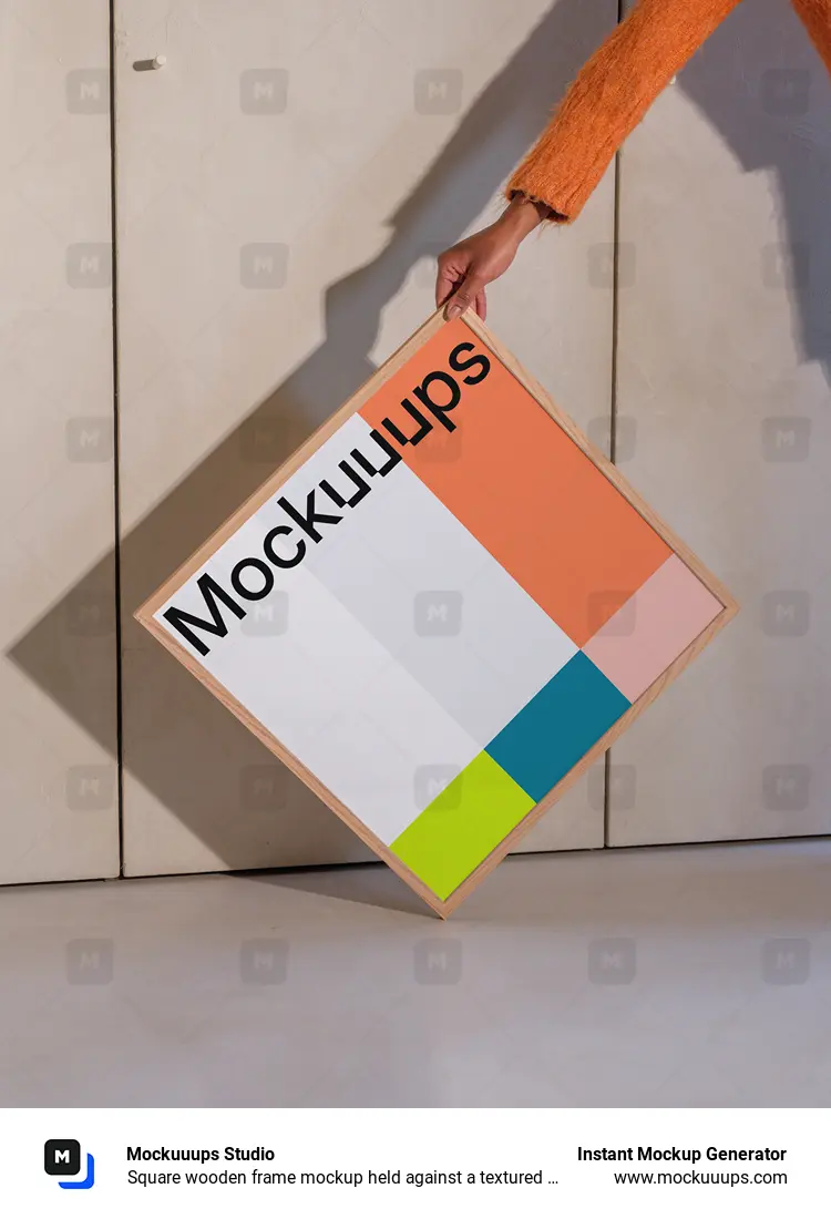 Square wooden frame mockup held against a textured wall