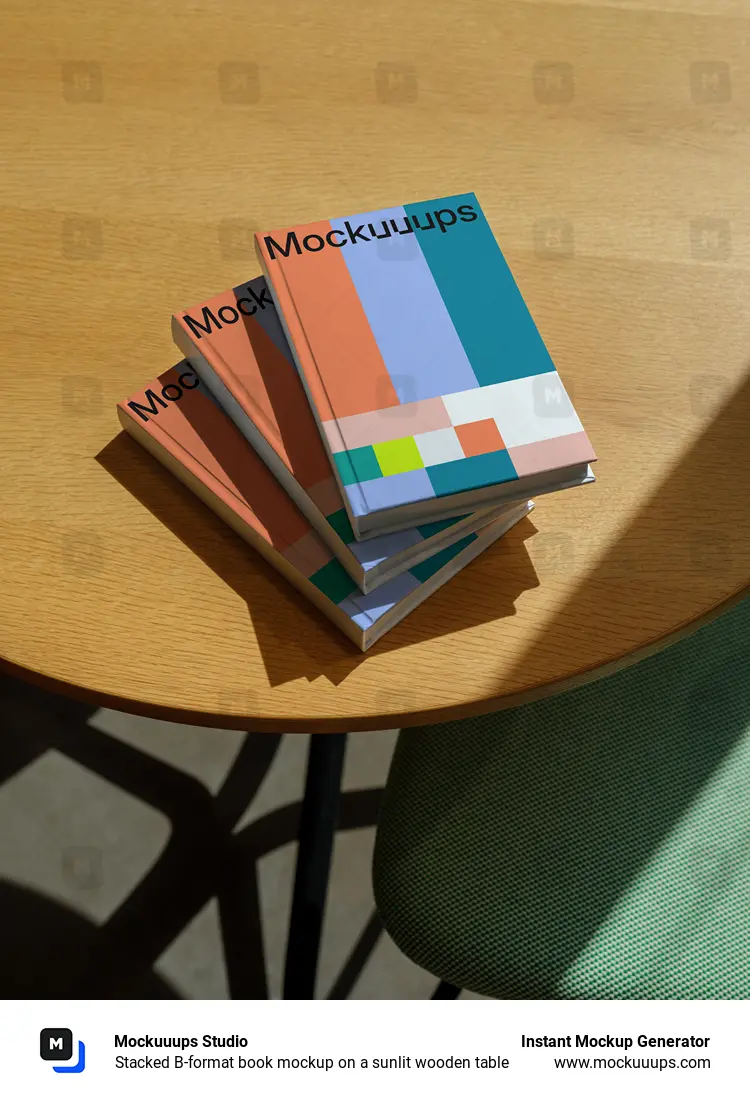 Stacked B-format book mockup on a sunlit wooden table