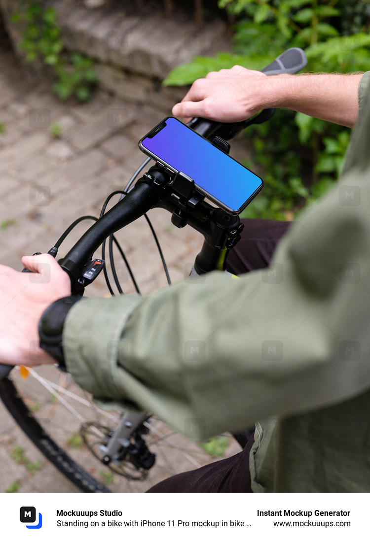 Standing on a bike with iPhone 11 Pro mockup in bike mount