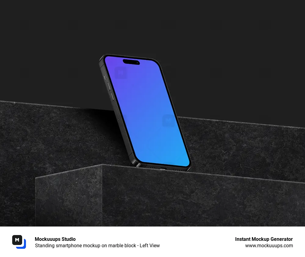 Standing smartphone mockup on marble block - Left View