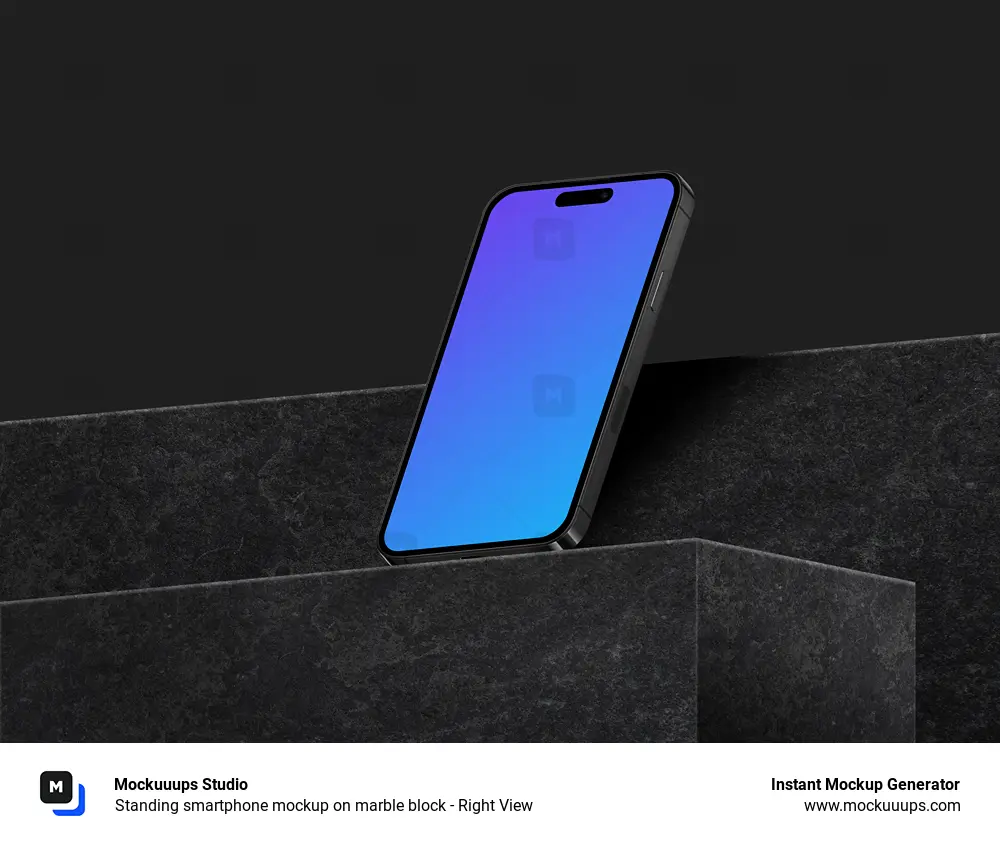 Standing smartphone mockup on marble block - Right View