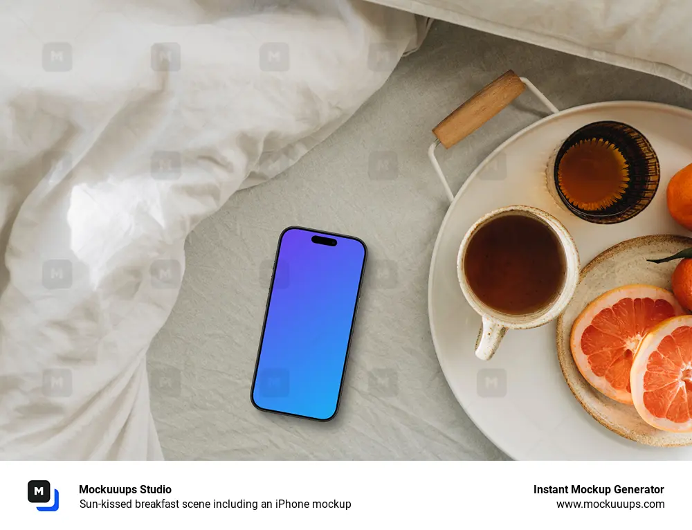 Sun-kissed breakfast scene including an iPhone mockup