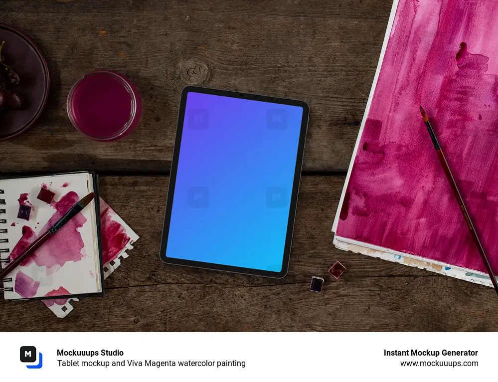 Tablet mockup and Viva Magenta watercolor painting