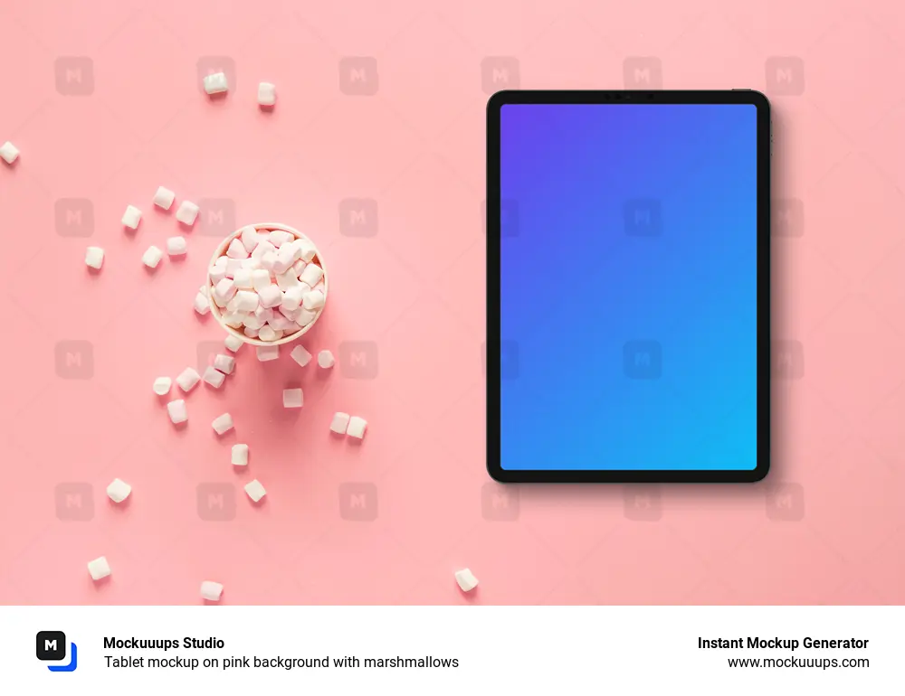 Tablet mockup on pink background with marshmallows