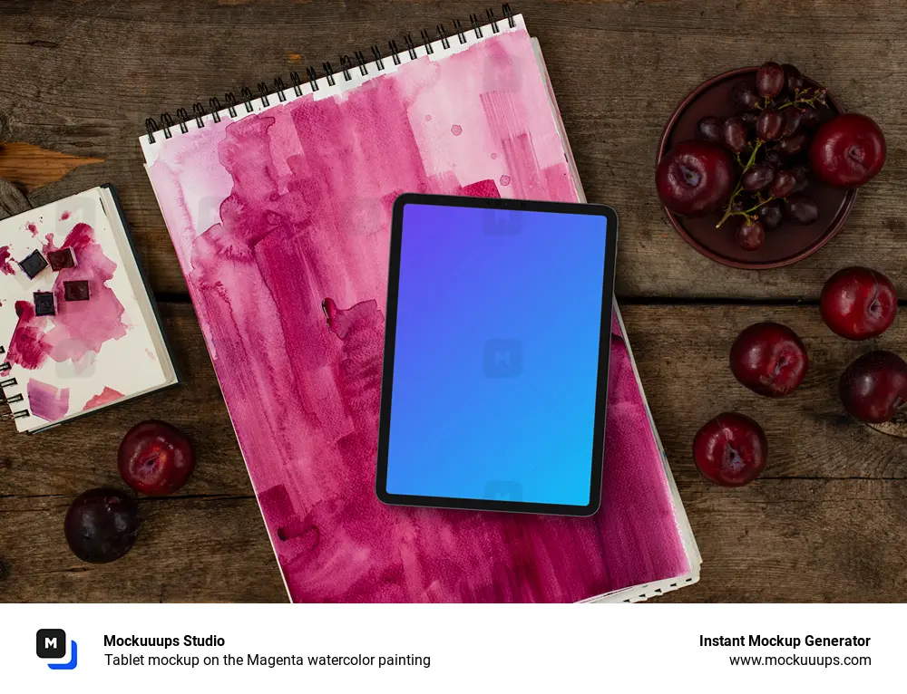 Tablet mockup on the Magenta watercolor painting