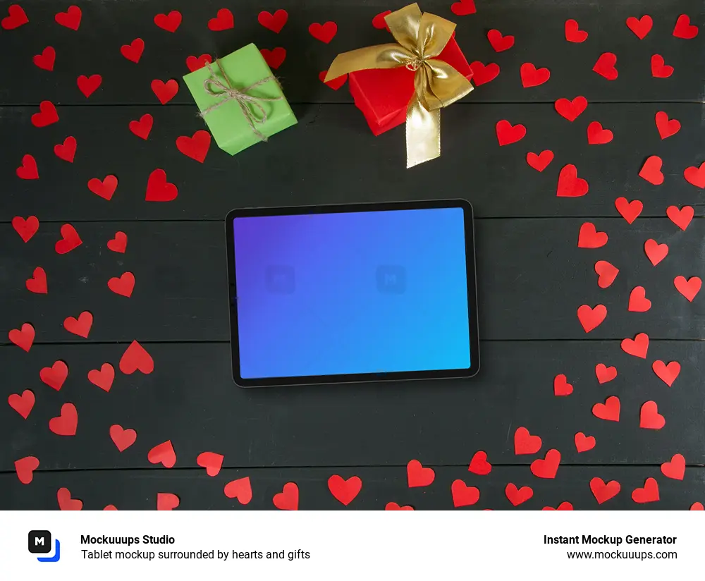 Tablet mockup surrounded by hearts and gifts