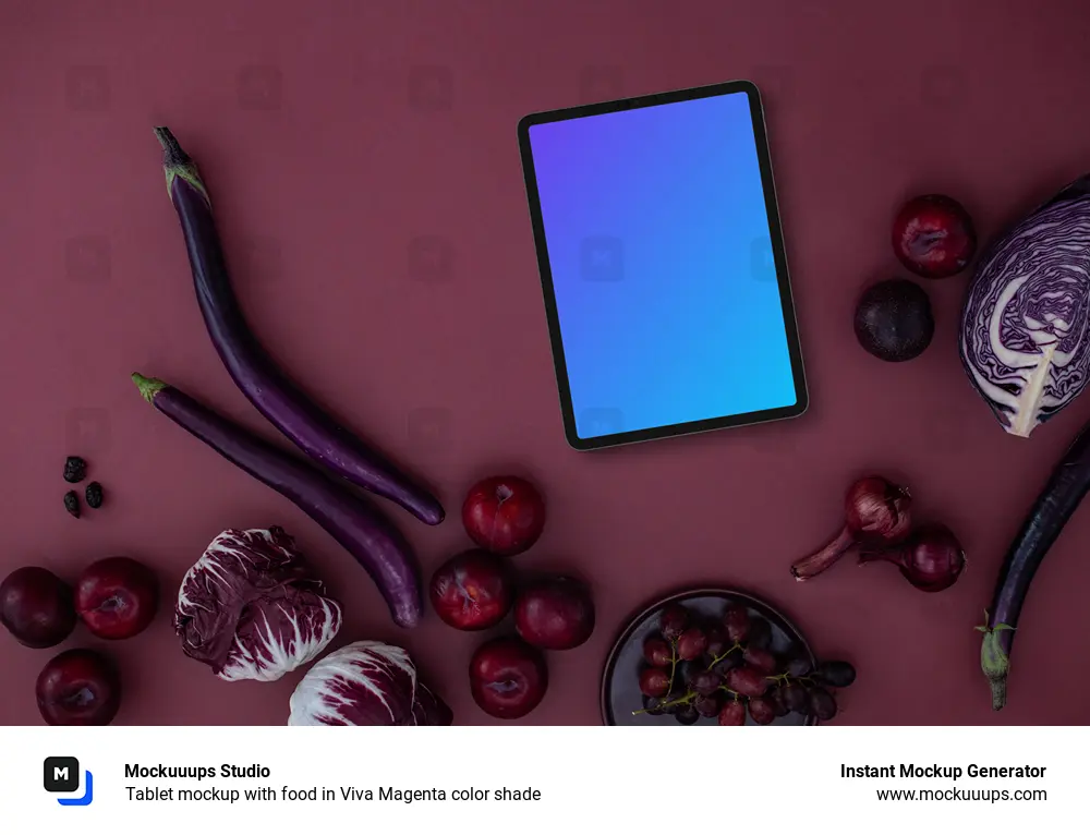 Tablet mockup with food in Viva Magenta color shade