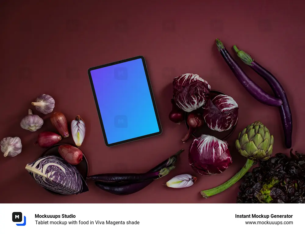 Tablet mockup with food in Viva Magenta shade