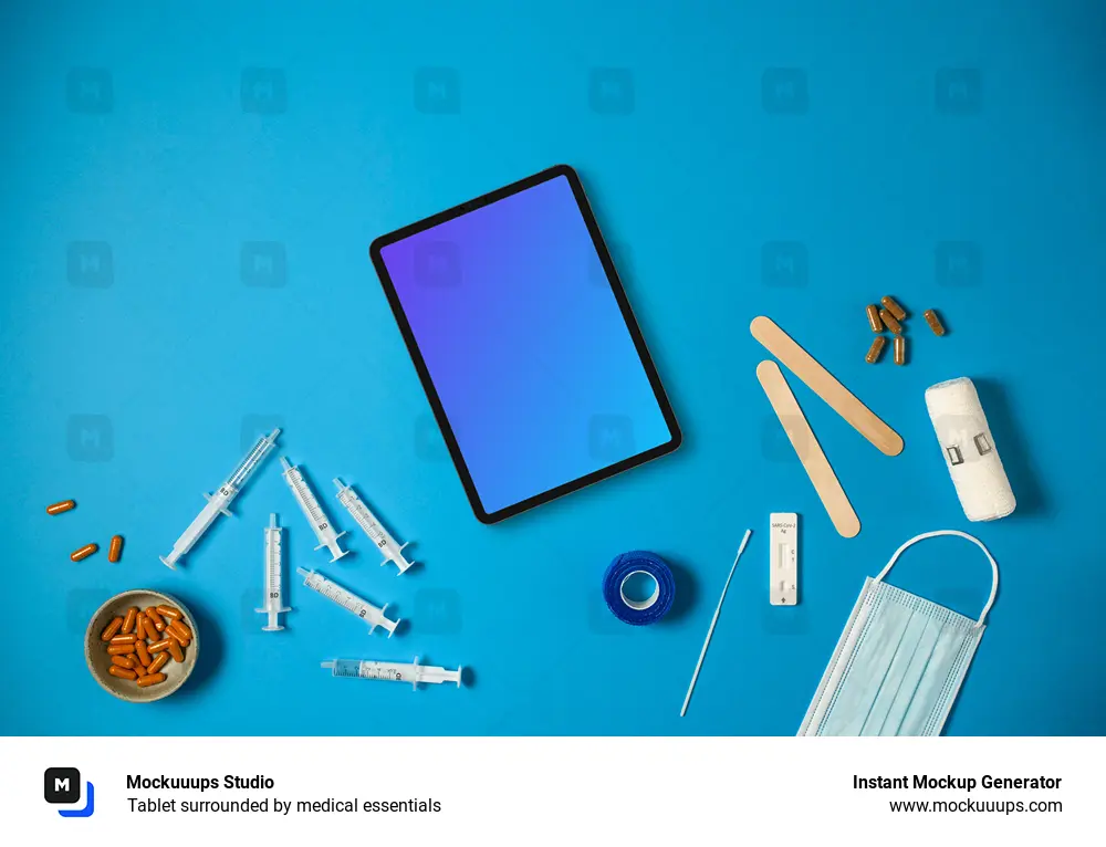 Tablet surrounded by medical essentials