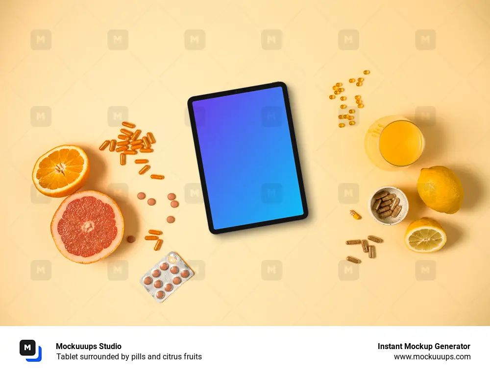 Tablet surrounded by pills and citrus fruits