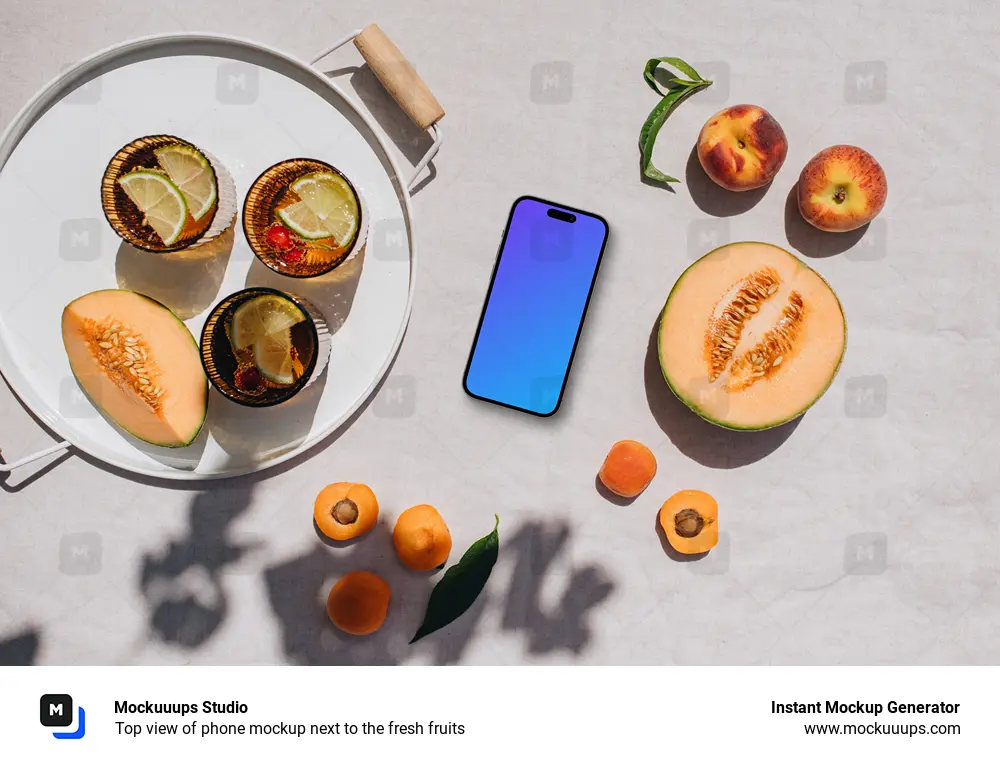 Top view of phone mockup next to the fresh fruits