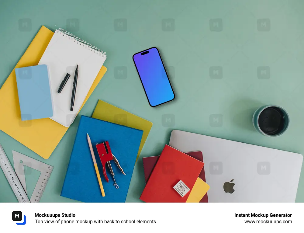 Top view of phone mockup with back to school elements