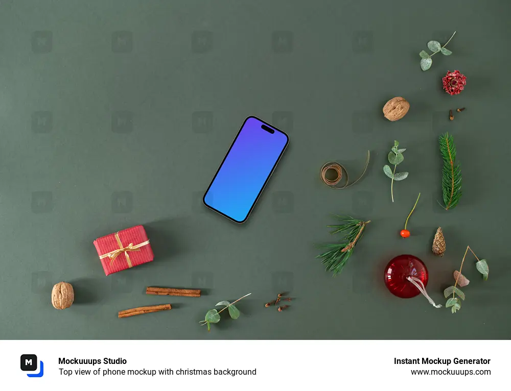 Top view of phone mockup with christmas background