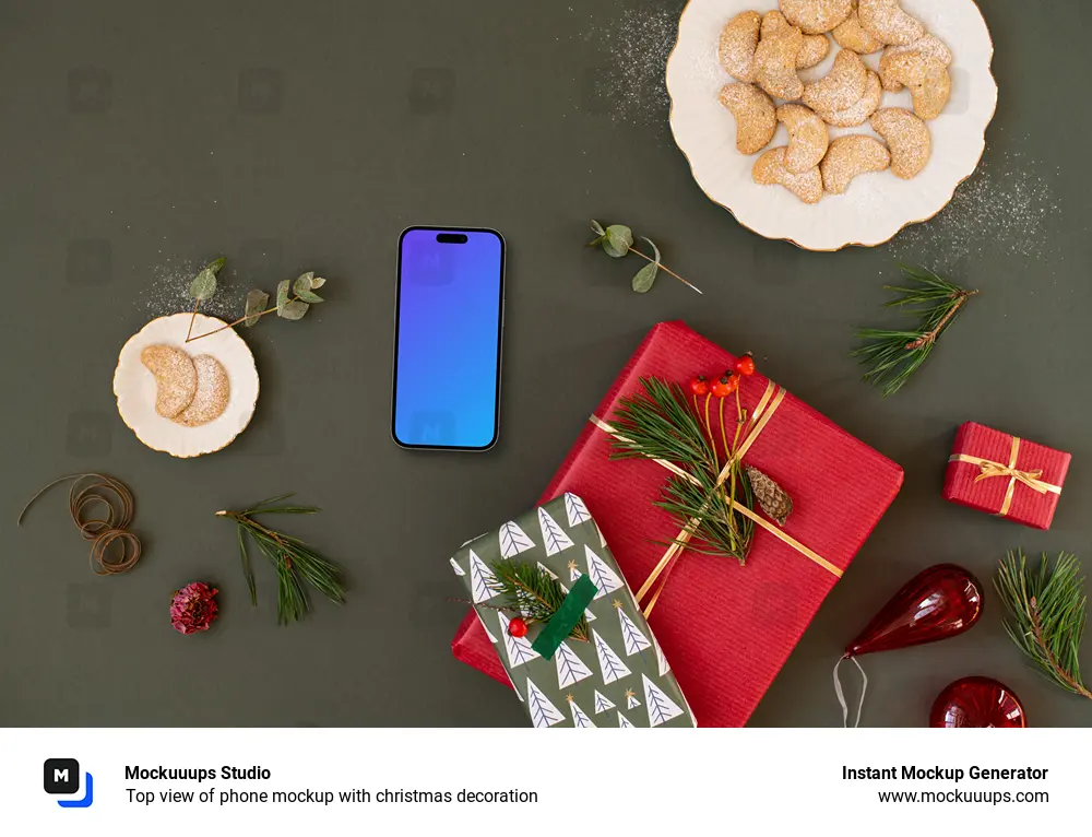 Top view of phone mockup with christmas decoration