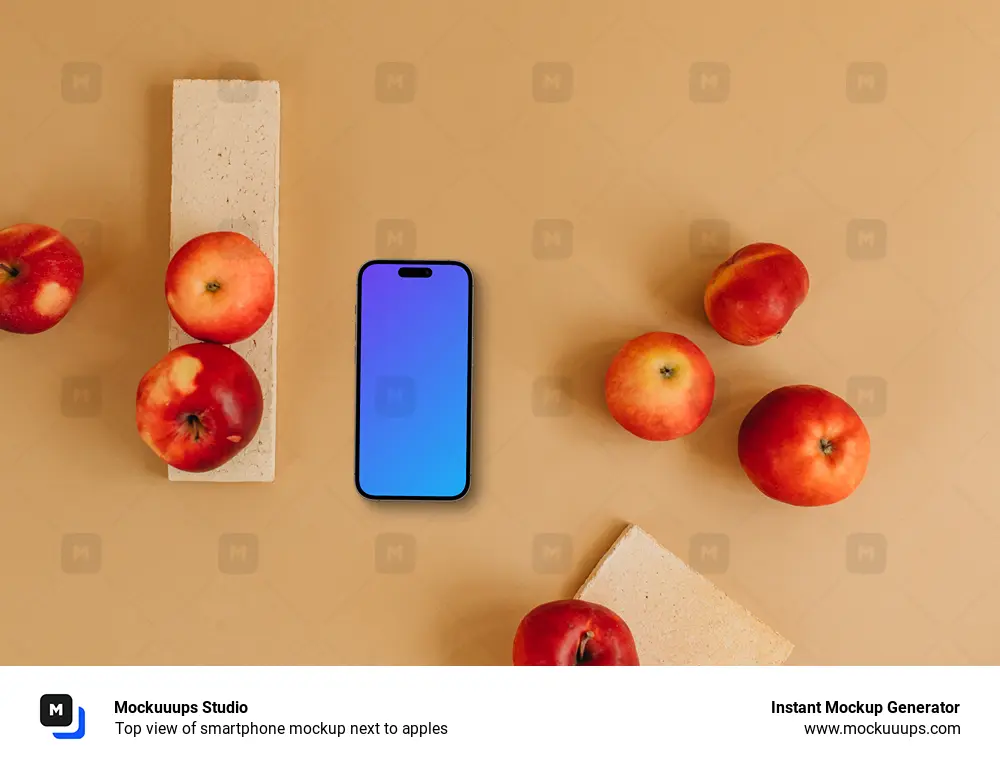 Top view of smartphone mockup next to apples
