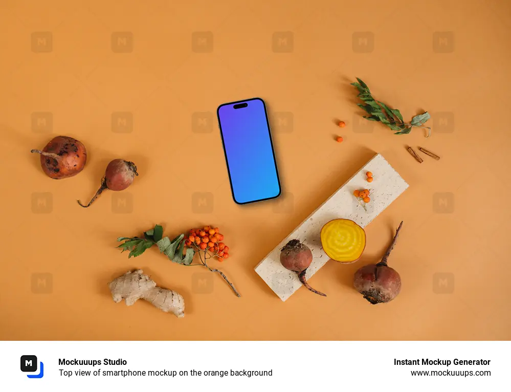 Top view of smartphone mockup on the orange background