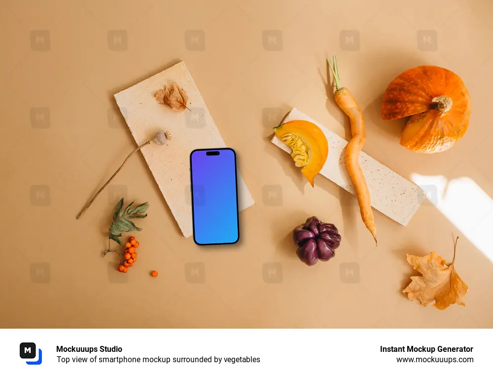 Top view of smartphone mockup surrounded by vegetables