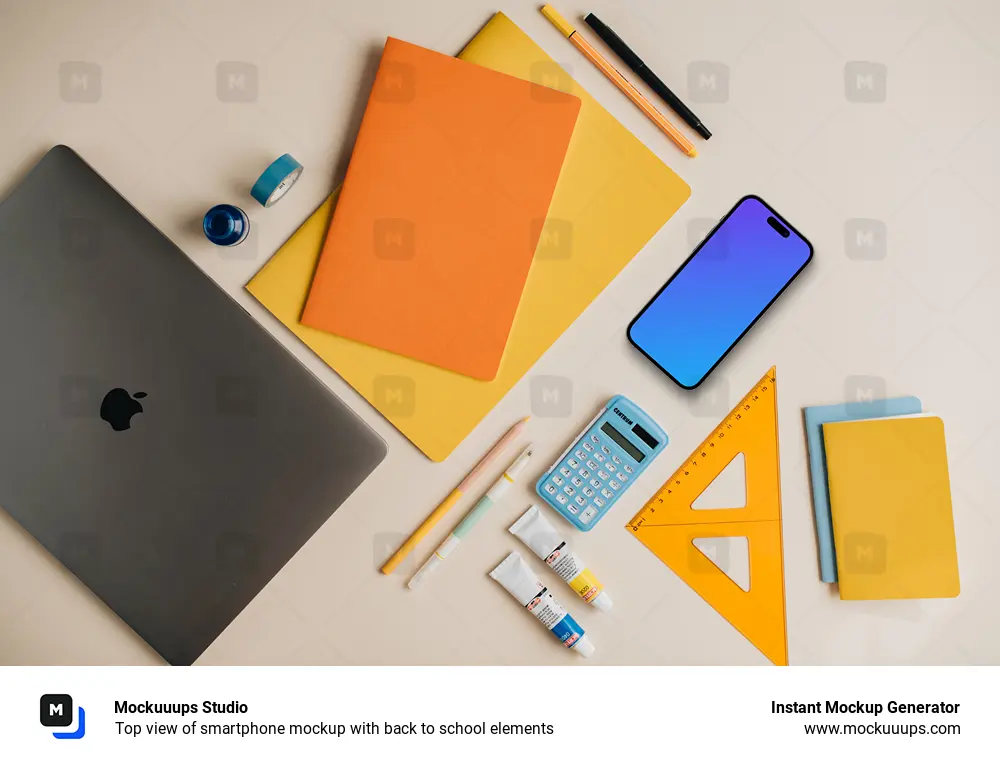 Top view of smartphone mockup with back to school elements