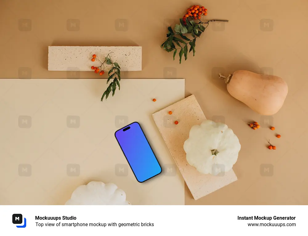 Top view of smartphone mockup with geometric bricks