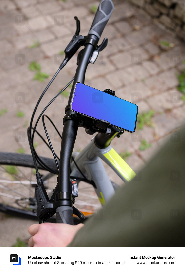 Up-close shot of Samsung S20 mockup in a bike mount