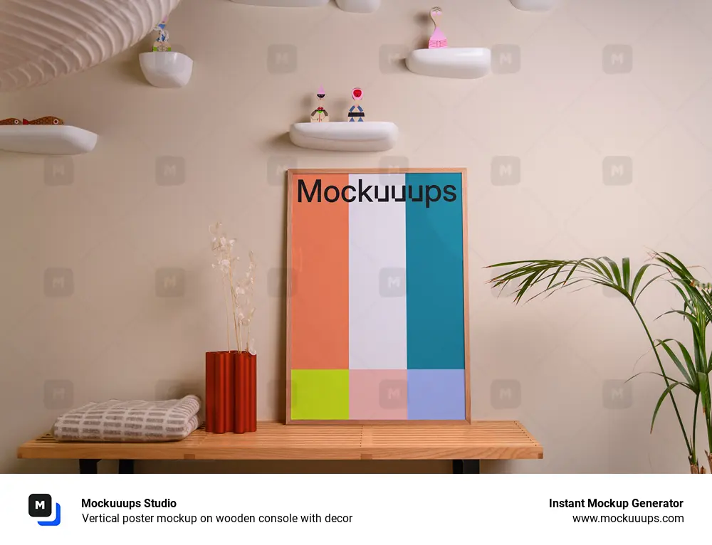 Vertical poster mockup on wooden console with decor