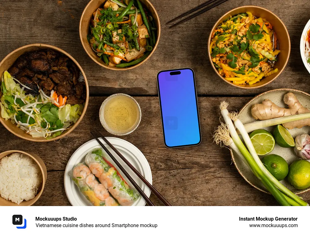 Vietnamese cuisine dishes around Smartphone mockup